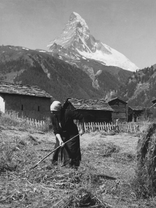 Mann und Frau bei der Heuernte in den Schweizer Bergen, im Hintergrund ist das Matterhorn zu sehen, ca. 1930.