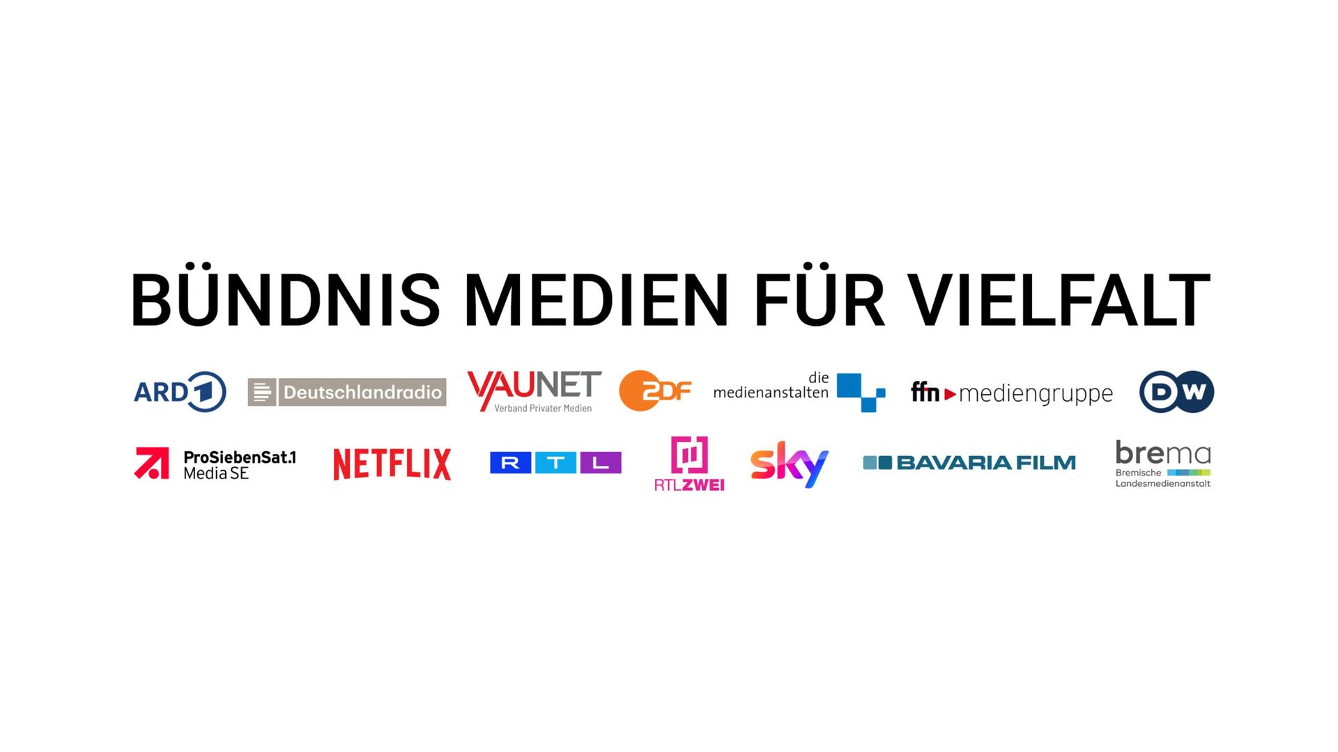 Partner des Bündnisses "Medien für Vielfalt": ARD, Deutschlandradio, Vaunet, ZDF, Die Medienanstalten, ffn Mediengruppe, Deutsche Welle, Netflix, ProSiebenSat1, RTL, RTL II, Sky, Bavaria Film, Bremische Landesmedienanstalt. Partner des Bündnisses "Medien für Vielfalt": ARD, Deutschlandradio, Vaunet, ZDF, Die Medienanstalten, ffn Mediengruppe, Deutsche Welle, Netflix, ProSiebenSat1, RTL, RTL II, Sky, Bavaria Film, Bremische Landesmedienanstalt.