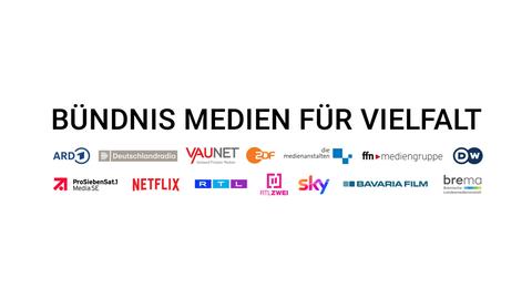 Partner des Bündnisses "Medien für Vielfalt": ARD, Deutschlandradio, Vaunet, ZDF, Die Medienanstalten, ffn Mediengruppe, Deutsche Welle, Netflix, ProSiebenSat1, RTL, RTL II, Sky, Bavaria Film, Bremische Landesmedienanstalt.