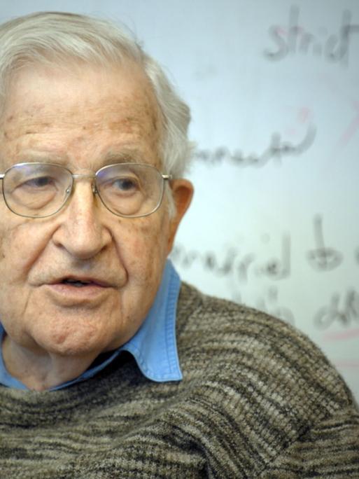 Noam Chomsky im Wollpulli vor einer Tafel mit mathematischen Formeln