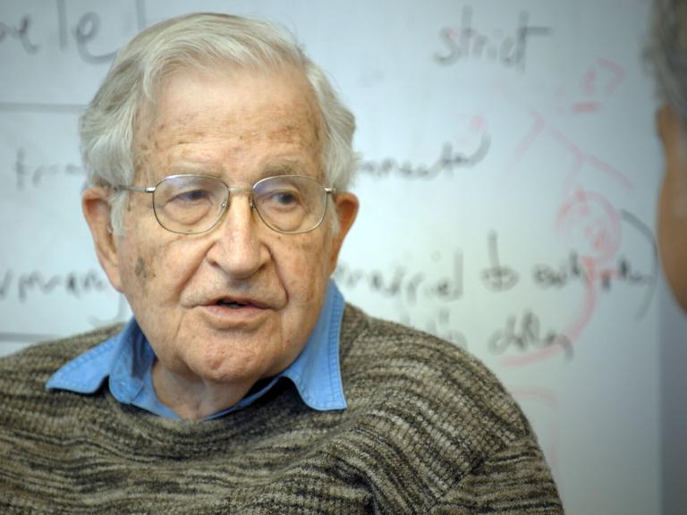 Noam Chomsky im Wollpulli vor einer Tafel mit mathematischen Formeln