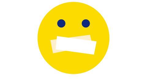 Ein gelbes Emoticon mit einem zugeklebten Mund vor weißem Hintergrund.