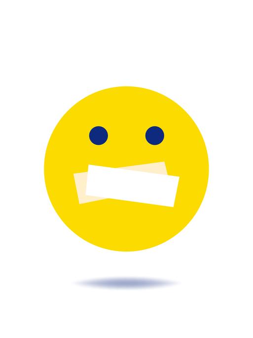 Ein gelbes Emoticon mit einem zugeklebten Mund vor weißem Hintergrund.