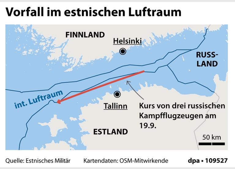 Grafik, die die Flugbahn der russischen Kampfflugzeuge im estnischen Luftraum nachzeichnet. Grafik, die die Flugbahn der russischen Kampfflugzeuge im estnischen Luftraum nachzeichnet.