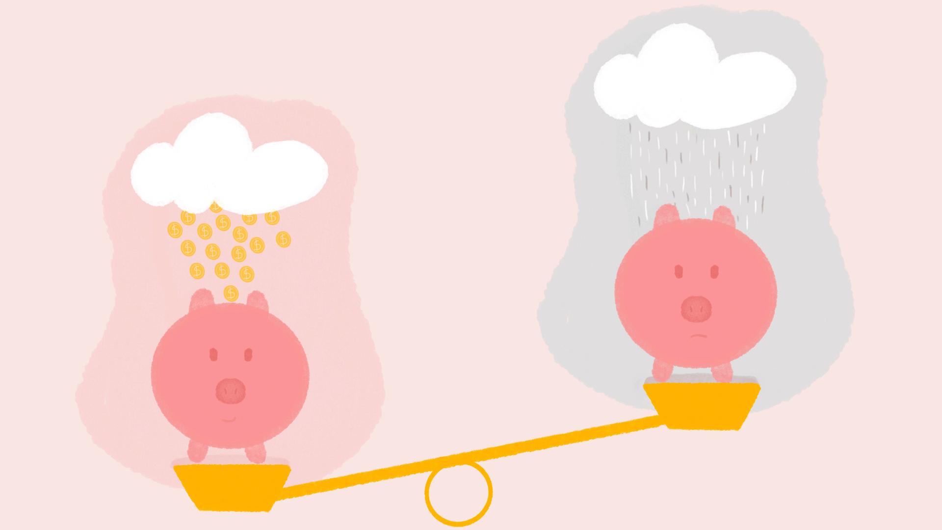 Illustration mit zwei Sparschweinen, die auf einer Waage schaukeln.