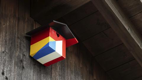 Ein Nistkasten für Vögel, Singvögel, Meise, Spatz, Sperling in den Farben der deutschen und französischen Nationalflagge hängt an einer hölzernen Hauswand.