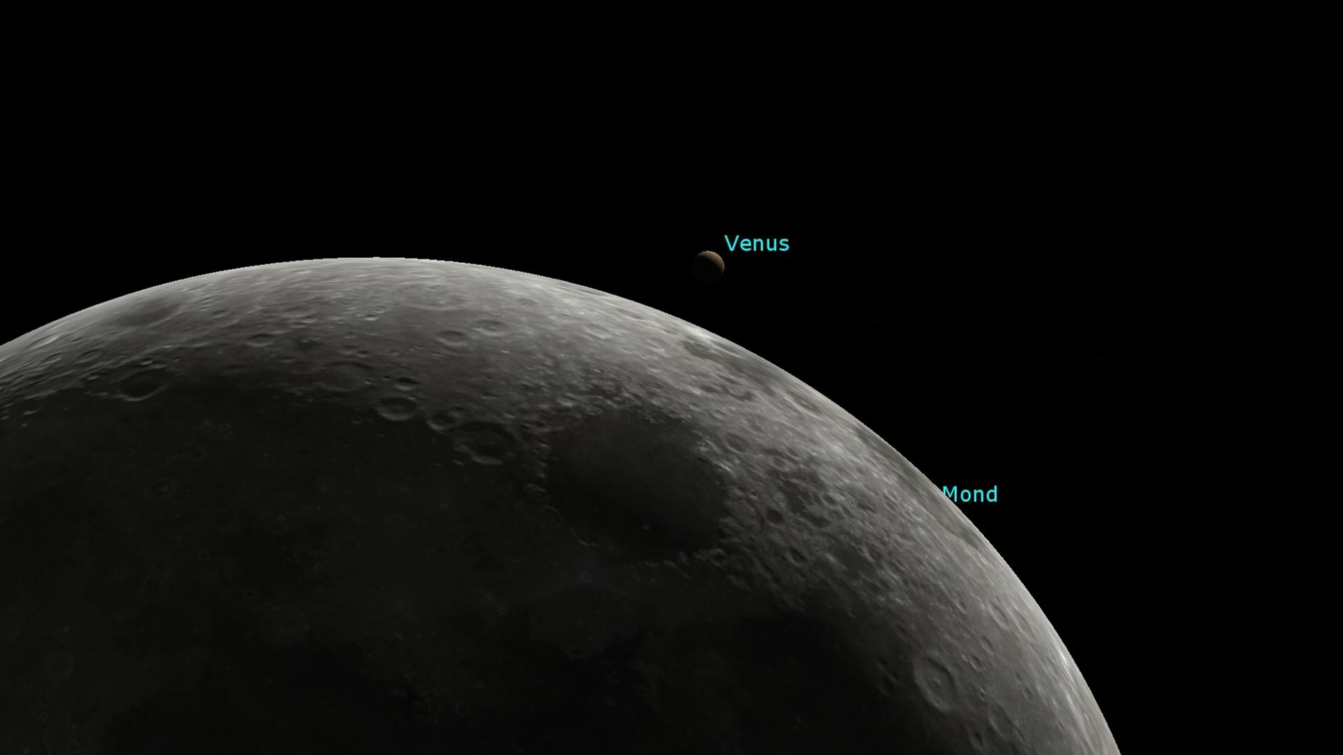 Eine Grafik zeigt den Planeten Venus, der knapp über dem im Vordergrund befindlichen, abgeschnitten Mond steht. Eine Grafik zeigt den Planeten Venus, der knapp über dem im Vordergrund befindlichen, abgeschnitten Mond steht.