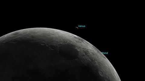 Eine Grafik zeigt den Planeten Venus, der knapp über dem im Vordergrund befindlichen, abgeschnitten Mond steht.