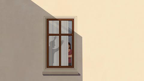 Illustration mit dem Schatten eines wütenden Mannes, der wild vor einer Frau im Wohnungsfenster gestikuliert.