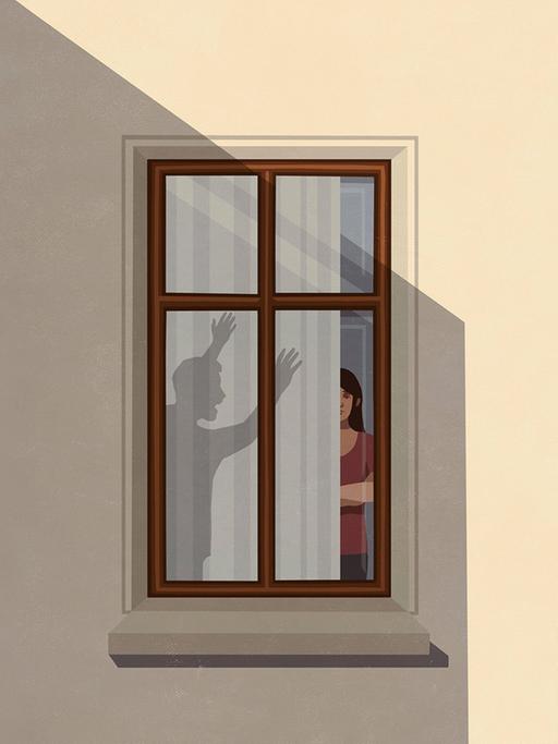 Illustration mit dem Schatten eines wütenden Mannes, der wild vor einer Frau im Wohnungsfenster gestikuliert.