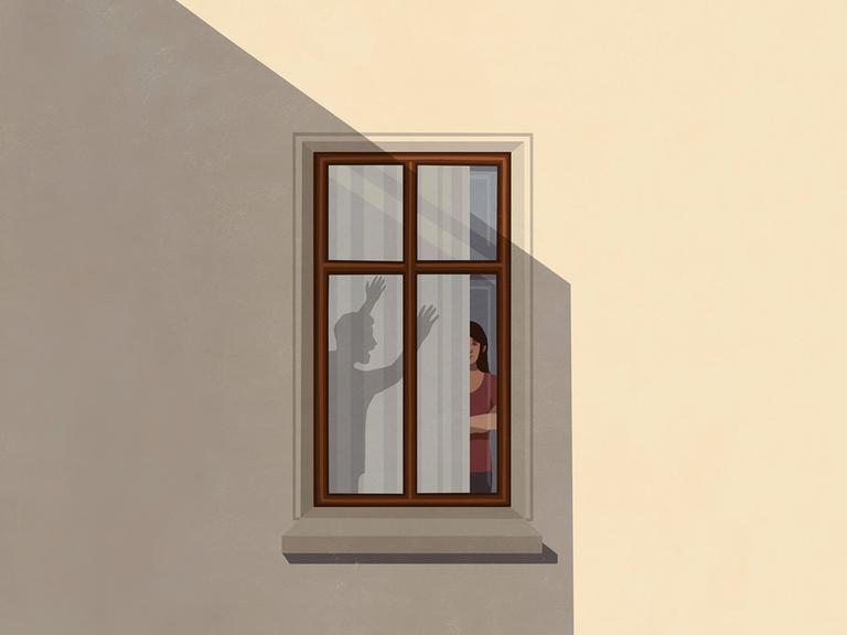 Illustration mit dem Schatten eines wütenden Mannes, der wild vor einer Frau im Wohnungsfenster gestikuliert.