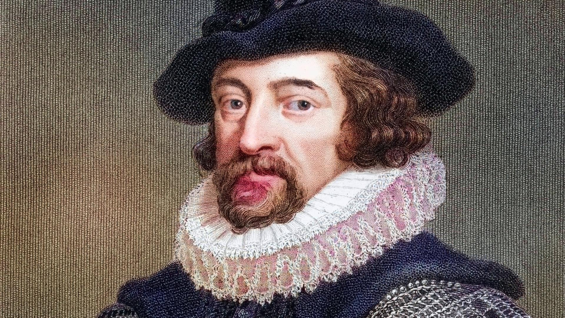 Ein Historisch, digital restaurierte Reproduktion von einer Vorlage aus dem 19. Jahrhundert zeigt Francis Bacon mit Hut, Halskrause und Bart