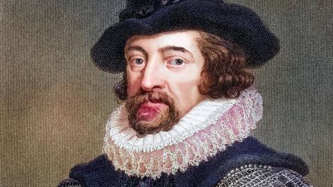 Ein Historisch, digital restaurierte Reproduktion von einer Vorlage aus dem 19. Jahrhundert zeigt Francis Bacon mit Hut, Halskrause und Bart