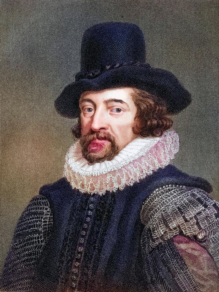 Ein Historisch, digital restaurierte Reproduktion von einer Vorlage aus dem 19. Jahrhundert zeigt Francis Bacon mit Hut, Halskrause und Bart