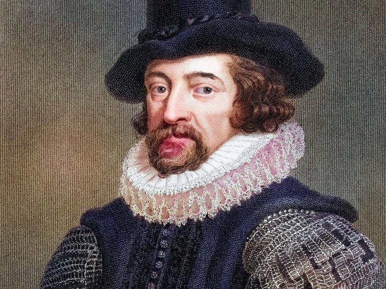 Ein Historisch, digital restaurierte Reproduktion von einer Vorlage aus dem 19. Jahrhundert zeigt Francis Bacon mit Hut, Halskrause und Bart