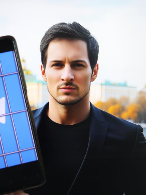 Ein Smartphone mit dem Telegram-Symbol steht neben dem Gesicht des Telegram-Gründers Pavel Durov.