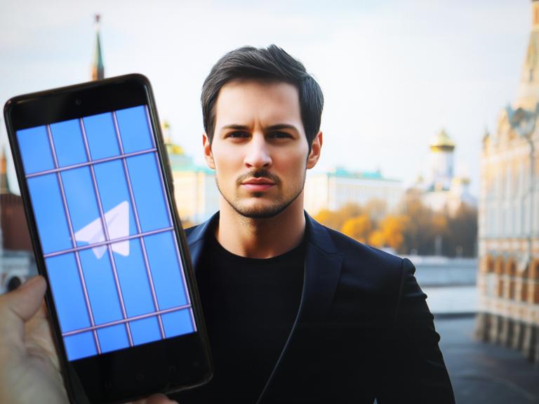 Ein Smartphone mit dem Telegram-Symbol steht neben dem Gesicht des Telegram-Gründers Pavel Durov.