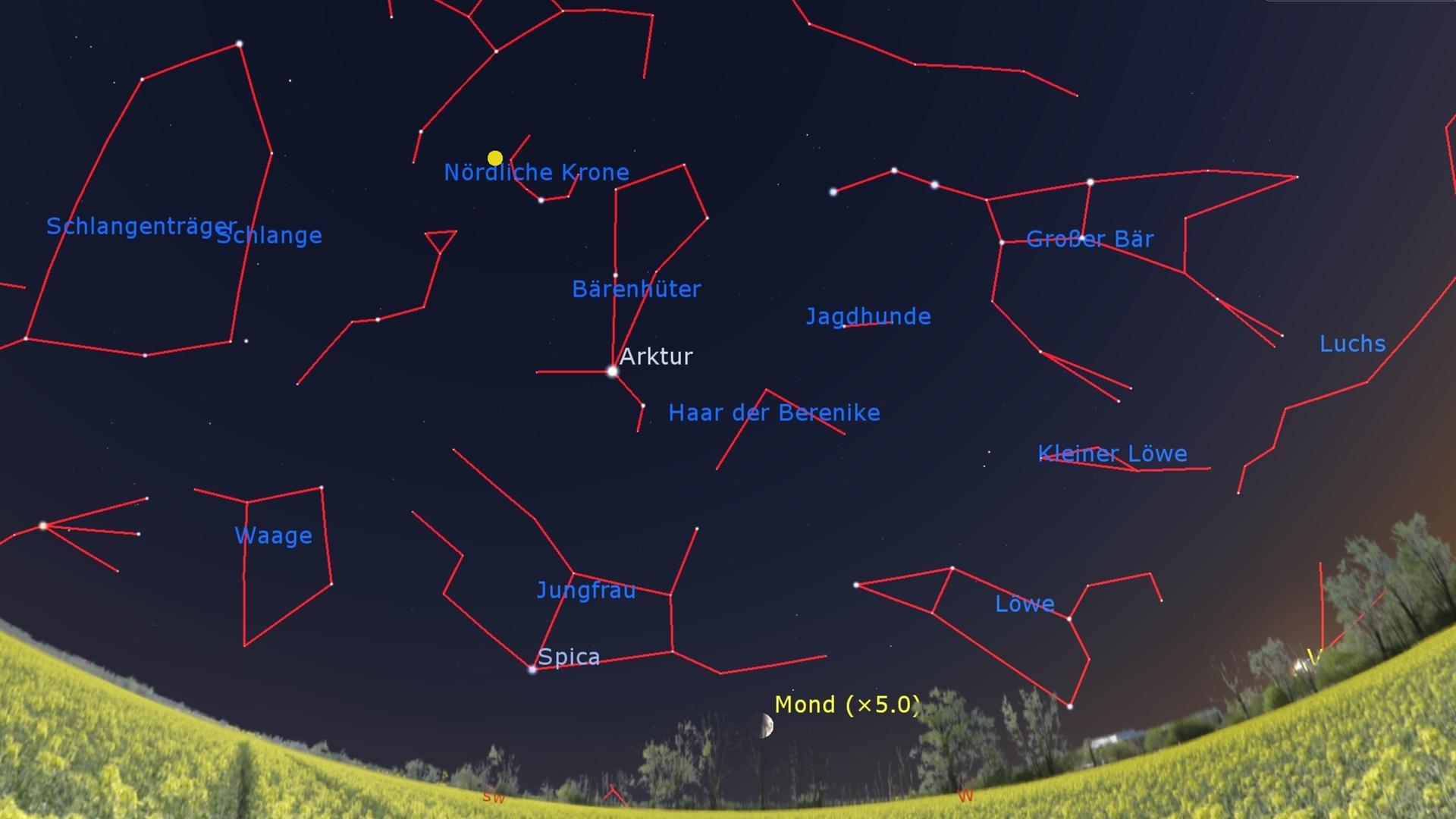 Wenn es in der Nördlichen Krone ein Stück rechts der Deichsel des Großen Wagens wirklich zu einer Supernova (hier mit gelbem Punkt markiert) kommt, dann ist sie unübersehbar hell.