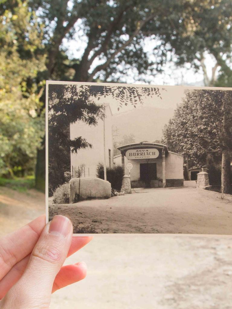 Ein Abgleich mit der Vergangenheit: Eine Hand hält auf einem Weg mit Bäumen ein Schwarz-Weiß-Foto eines ehemaligen Gebädues hoch - aufgenommen exakt an diesem Schauplatz.