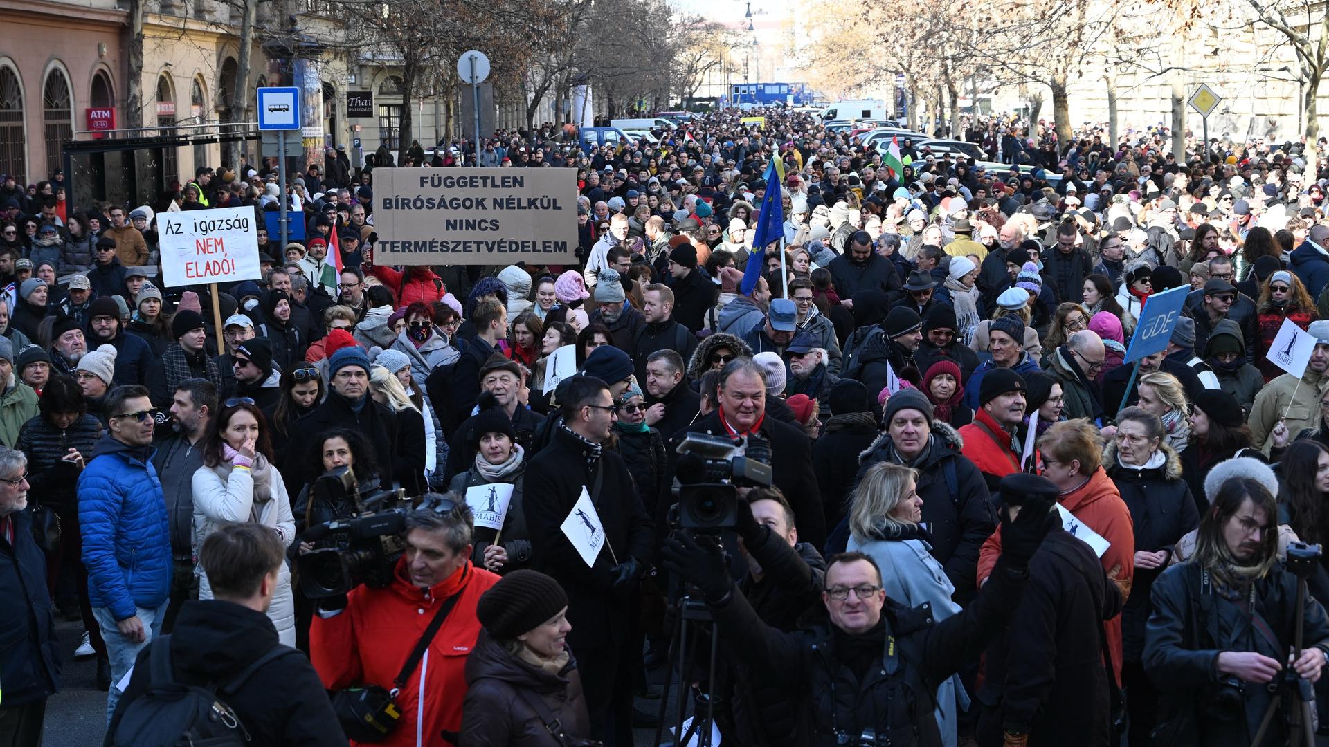 Eine große Menschenmenge füllt eine breite Straße. Einige Demonstraten halten Schilder hoch.