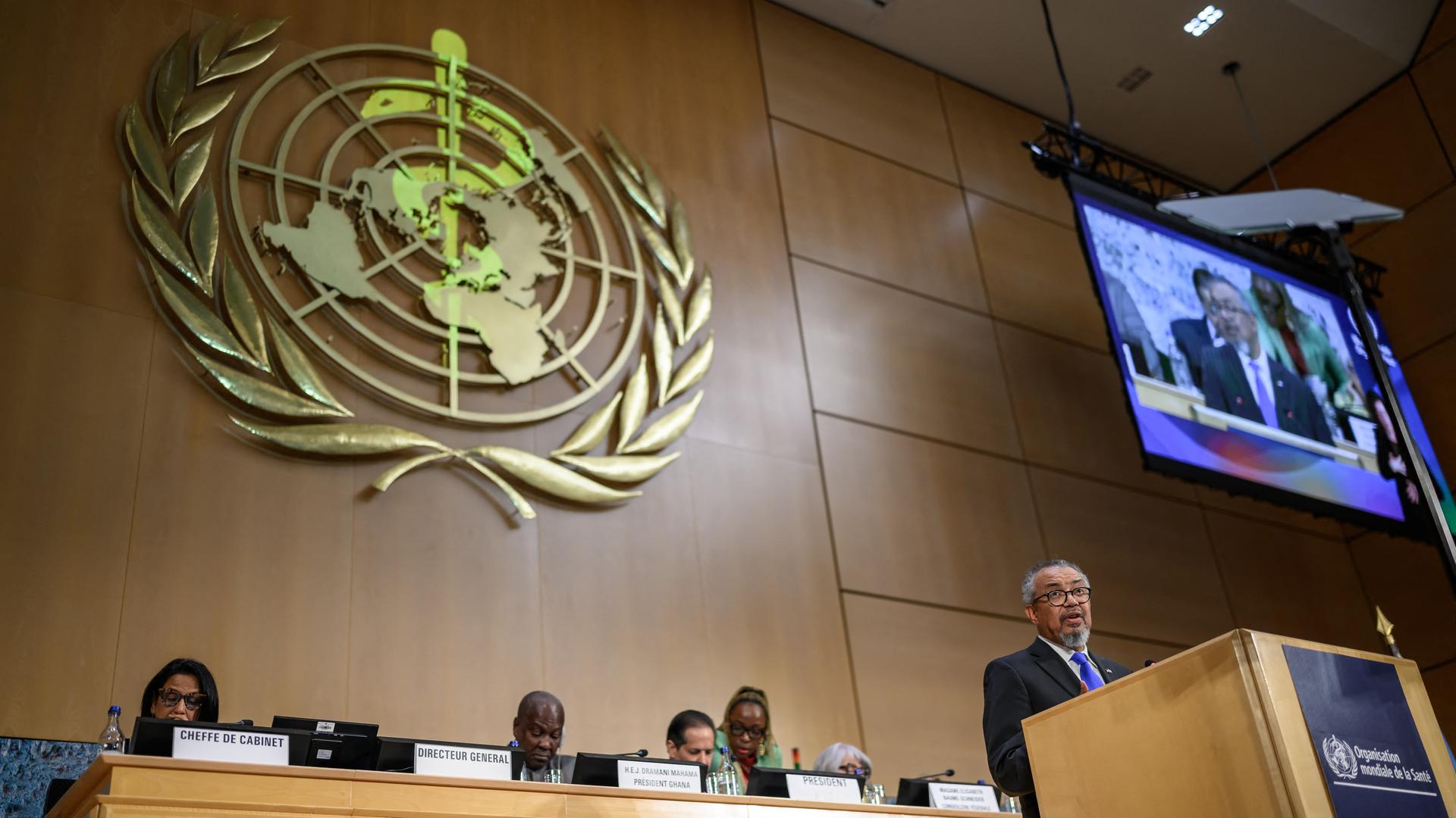 WHO-Chef Tedros spricht auf der Jahresversammlung seiner Organisation in Genf. WHO-Chef Tedros spricht auf der Jahresversammlung seiner Organisation in Genf.