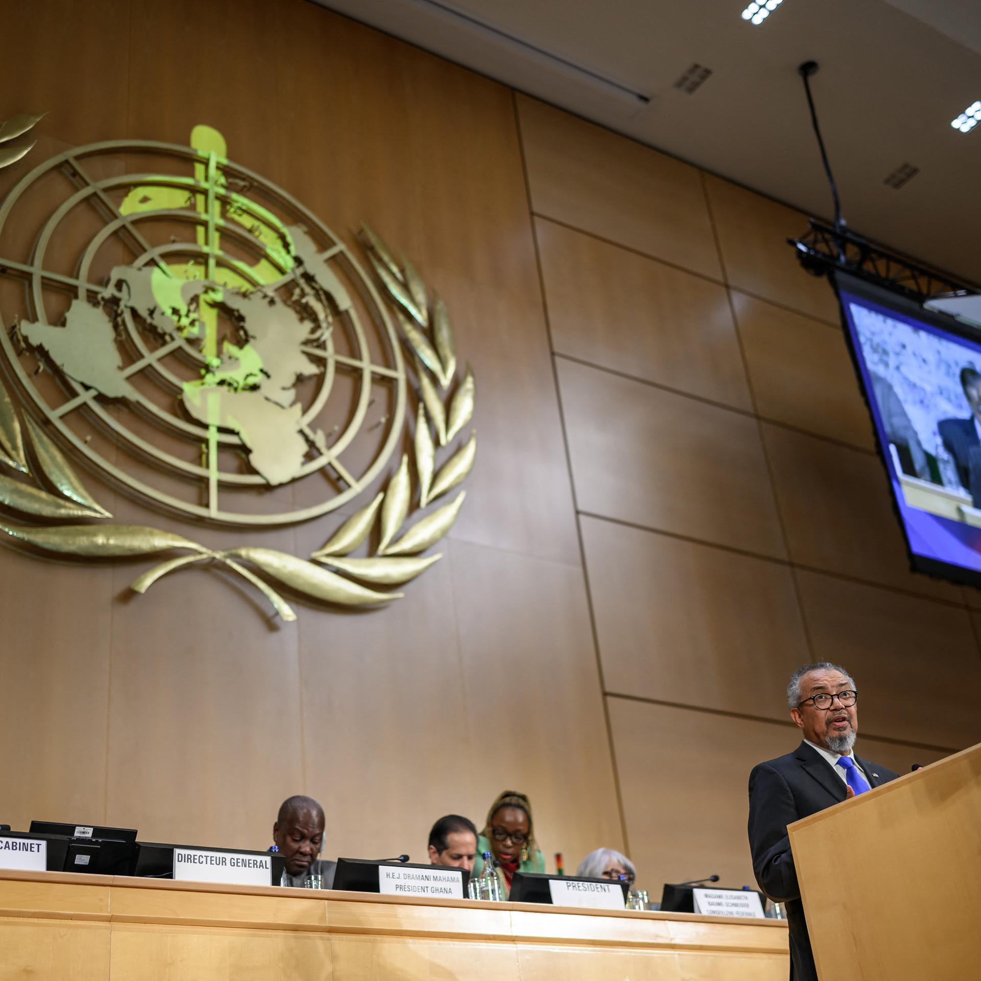 WHO-Chef Tedros spricht auf der Jahresversammlung seiner Organisation in Genf.