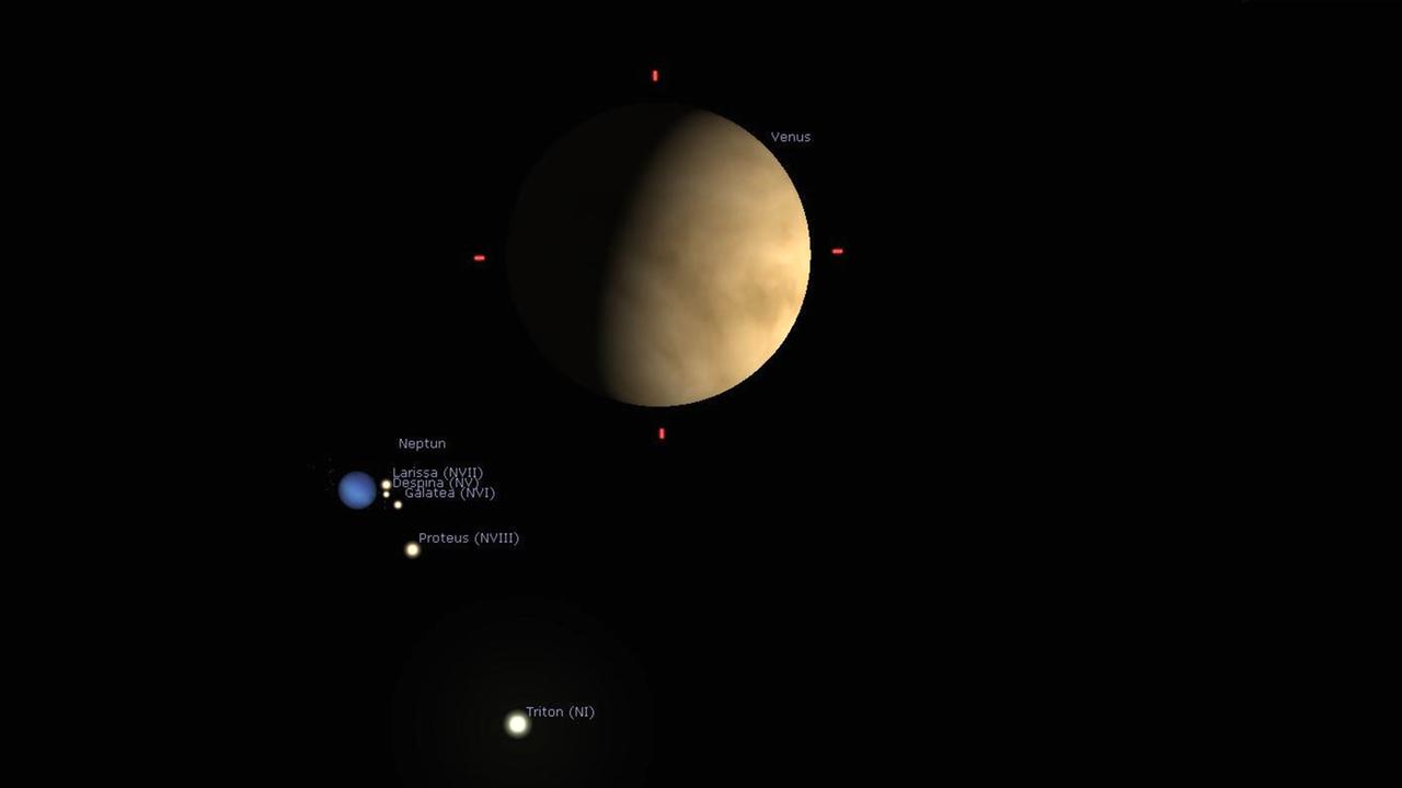 Die Planeten Venus und Neptun (mit etlichen Monden) kommen sich heute Abend am Himmel sehr nahe – von Europa aus ist das aber nicht zu sehen. Die Planeten Venus und Neptun (mit etlichen Monden) kommen sich heute Abend am Himmel sehr nahe – von Europa aus ist das aber nicht zu sehen.