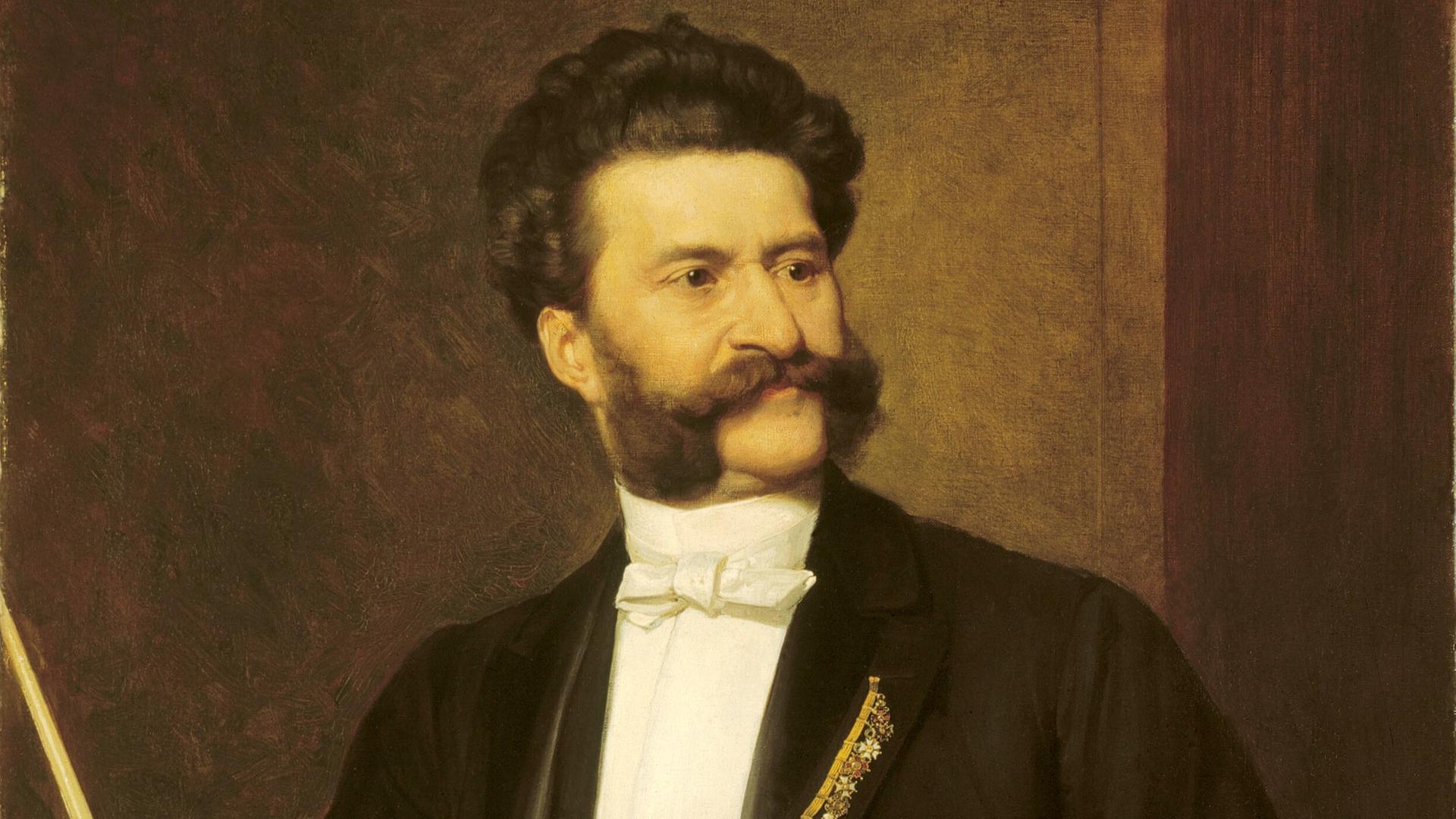Johann Strauss mit Bart und Blick zur Seite in einem Porträt von 1888 des Malers August Eisenmenger. Johann Strauss mit Bart und Blick zur Seite in einem Porträt von 1888 des Malers August Eisenmenger.