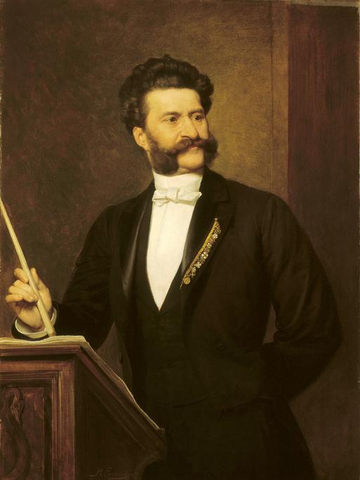 Johann Strauss mit Bart und Blick zur Seite in einem Porträt von 1888 des Malers August Eisenmenger. Johann Strauss mit Bart und Blick zur Seite in einem Porträt von 1888 des Malers August Eisenmenger.