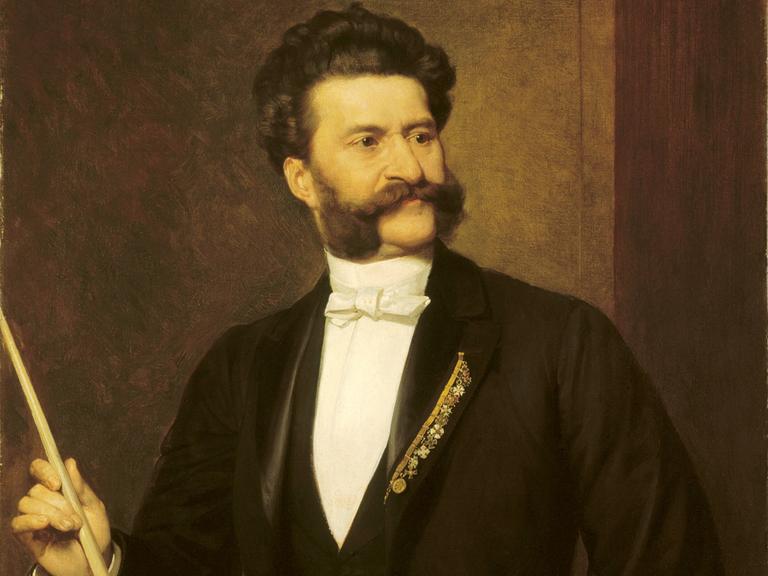 Johann Strauss mit Bart und Blick zur Seite in einem Porträt von 1888 des Malers August Eisenmenger. Johann Strauss mit Bart und Blick zur Seite in einem Porträt von 1888 des Malers August Eisenmenger.