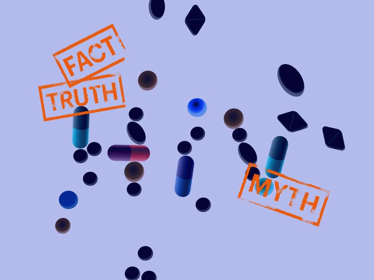 Blauer Hintergrund, zentral im Bild die Buchstaben HIV und Stempelabdrücke "Fact, Truth, Myth", Buchstaben lösen sich weiter auf