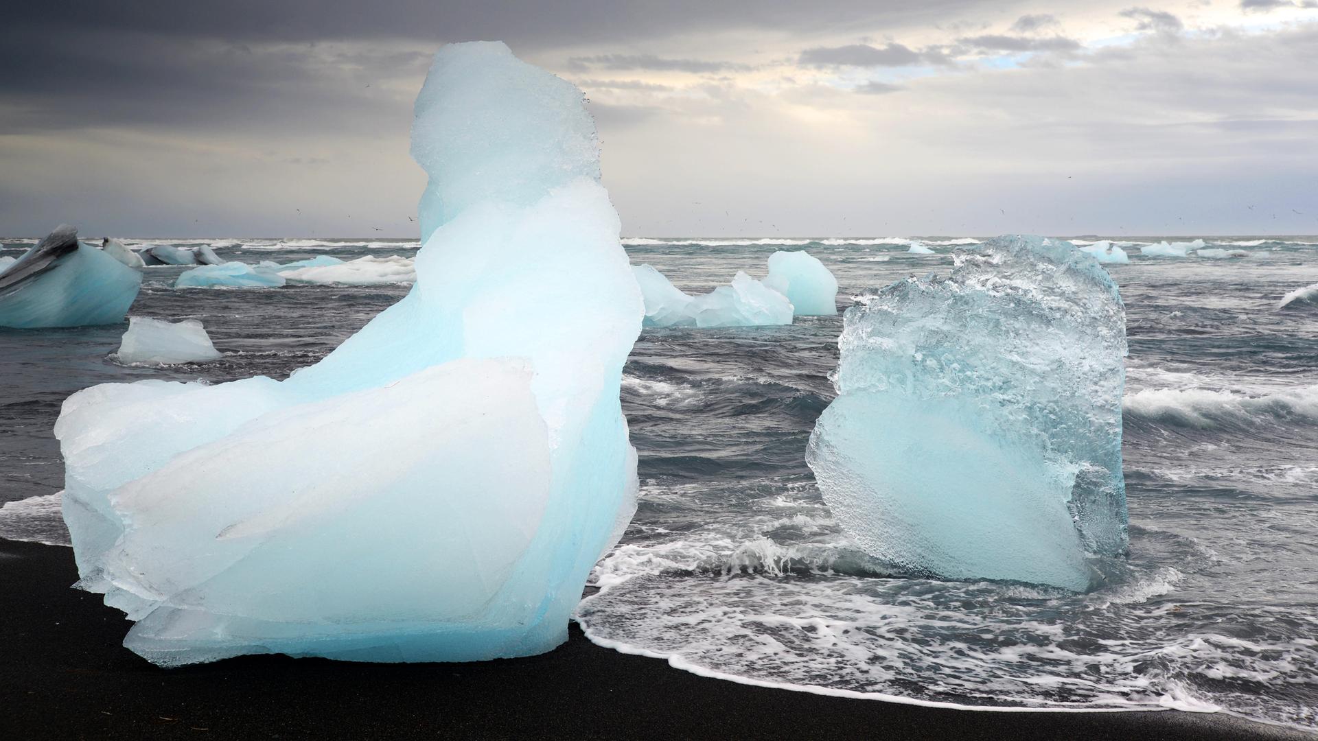 Stücke von Eisbergen treiben am Strand Islands ins Meer.