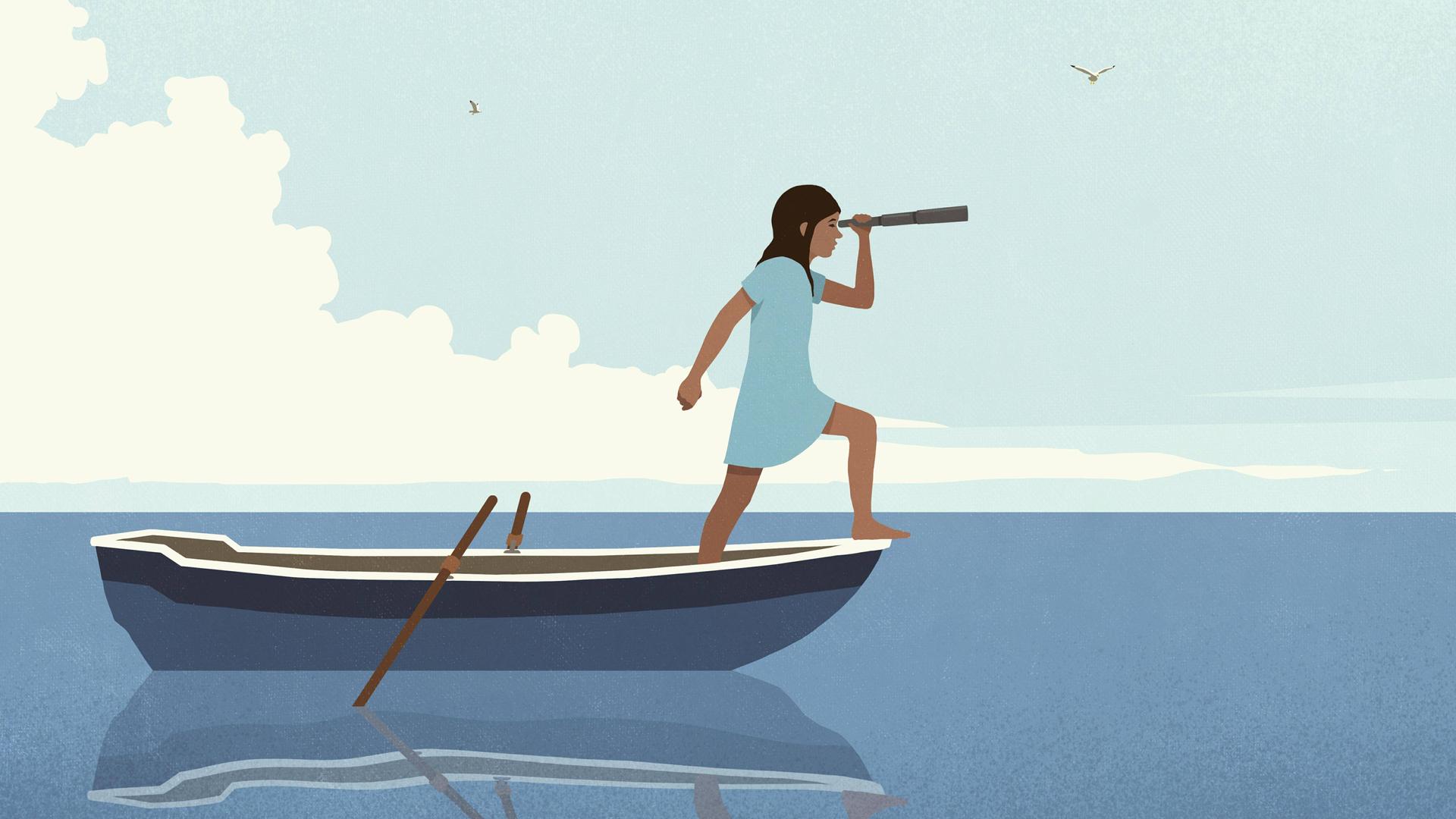 Illustration: ein Mädchen steht mit einem Fernrohr auf einem Ruderboot in einem Gewässer und schaut in die Ferne. Illustration: ein Mädchen steht mit einem Fernrohr auf einem Ruderboot in einem Gewässer und schaut in die Ferne.