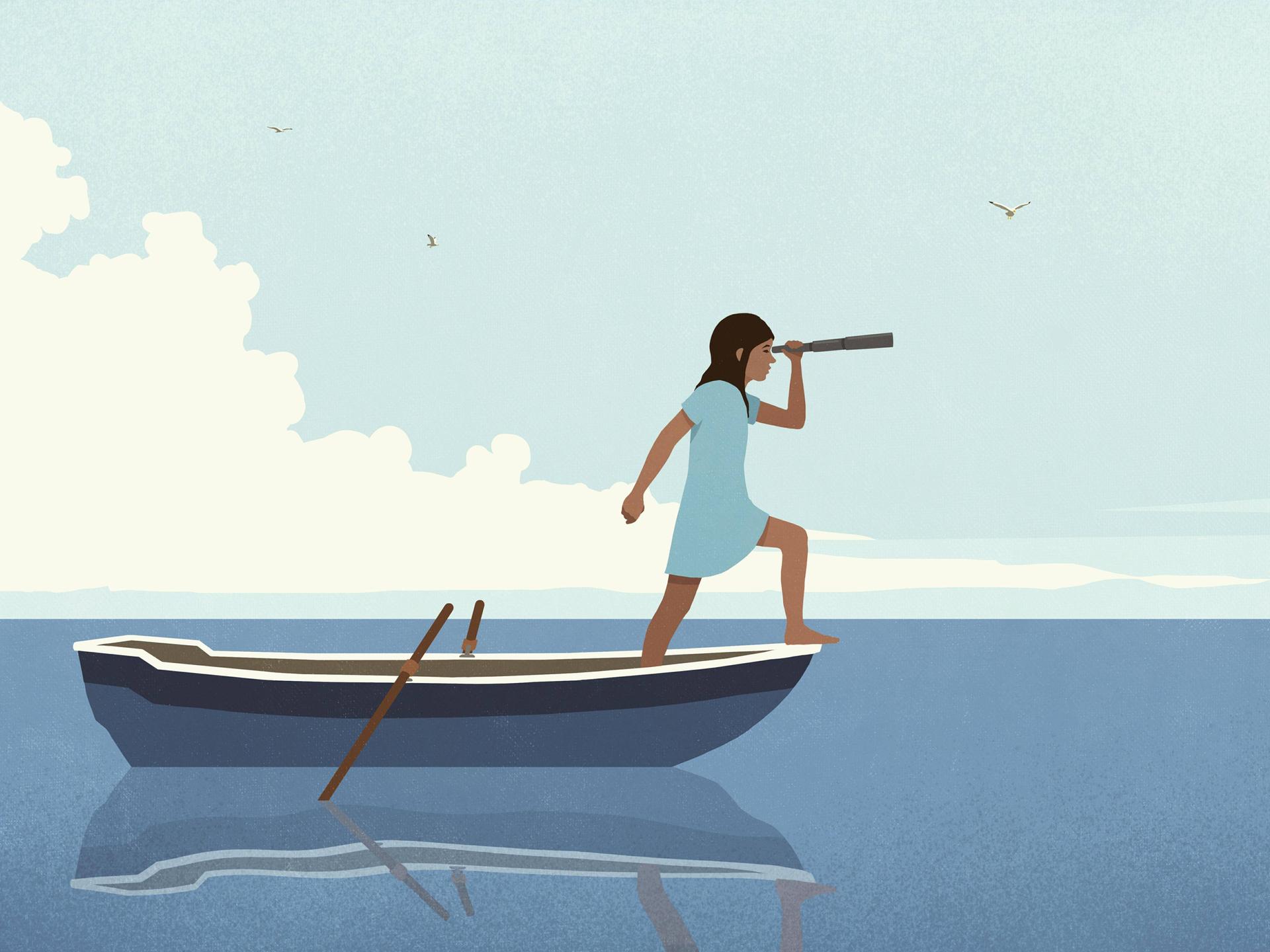 Illustration: ein Mädchen steht mit einem Fernrohr auf einem Ruderboot in einem Gewässer und schaut in die Ferne.