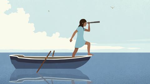 Illustration: ein Mädchen steht mit einem Fernrohr auf einem Ruderboot in einem Gewässer und schaut in die Ferne. Illustration: ein Mädchen steht mit einem Fernrohr auf einem Ruderboot in einem Gewässer und schaut in die Ferne.