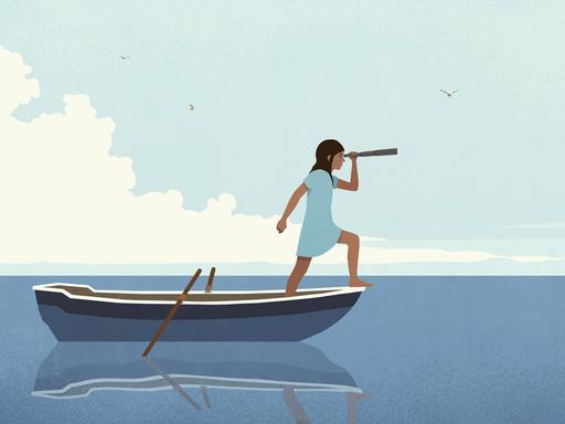 Illustration: ein Mädchen steht mit einem Fernrohr auf einem Ruderboot in einem Gewässer und schaut in die Ferne.