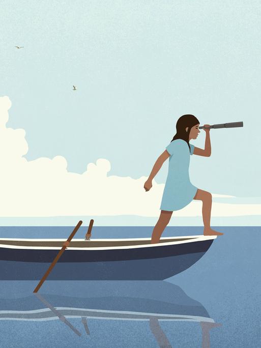 Illustration: ein Mädchen steht mit einem Fernrohr auf einem Ruderboot in einem Gewässer und schaut in die Ferne. Illustration: ein Mädchen steht mit einem Fernrohr auf einem Ruderboot in einem Gewässer und schaut in die Ferne.