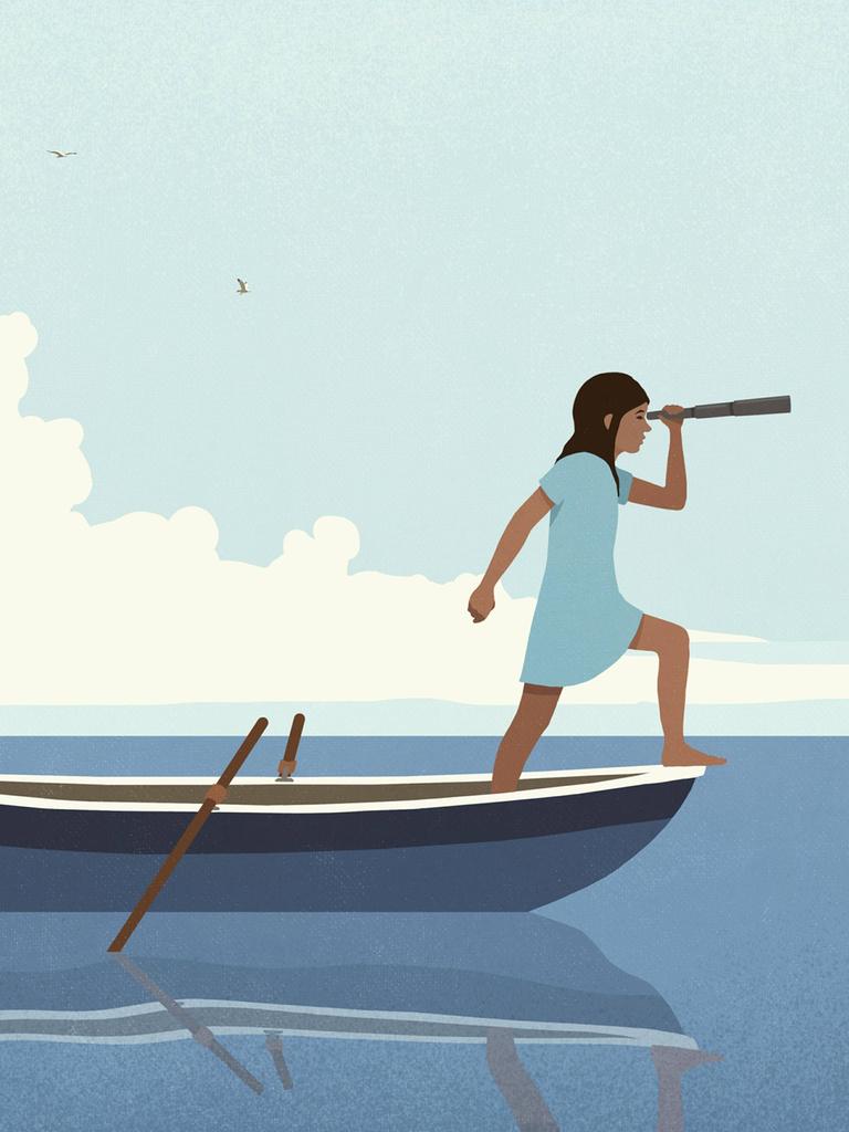 Illustration: ein Mädchen steht mit einem Fernrohr auf einem Ruderboot in einem Gewässer und schaut in die Ferne.