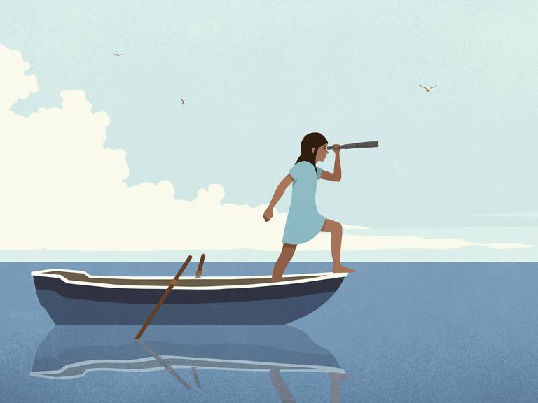 Illustration: ein Mädchen steht mit einem Fernrohr auf einem Ruderboot in einem Gewässer und schaut in die Ferne. Illustration: ein Mädchen steht mit einem Fernrohr auf einem Ruderboot in einem Gewässer und schaut in die Ferne.