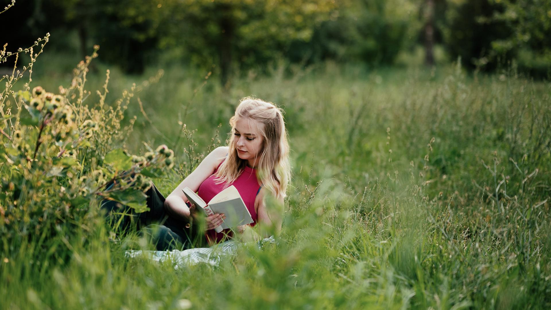 Eine Frau liegt in einer Sommerwiese und liest ein Buch Eine Frau liegt in einer Sommerwiese und liest ein Buch
