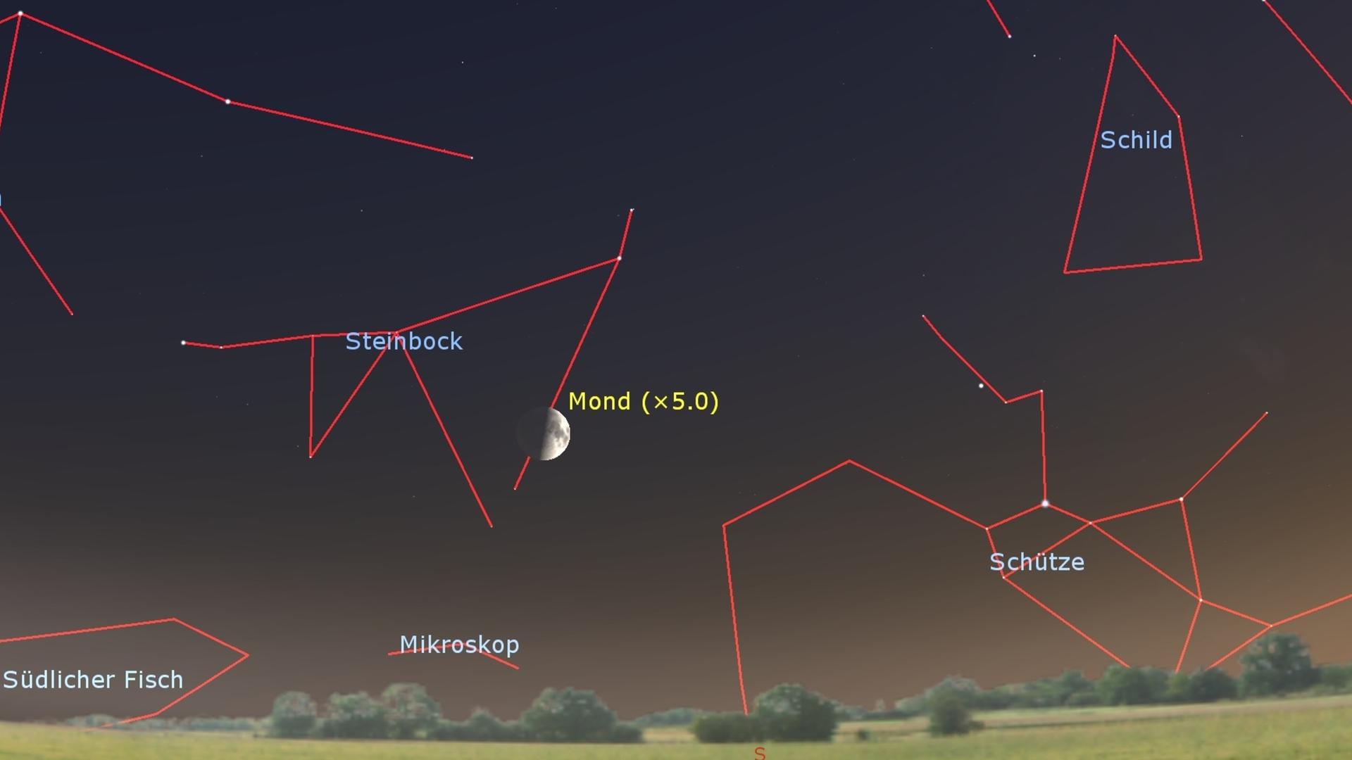 In einer schematischen Darstellung des südlichen Himmels ist der Mond inmitten verschiedener Sternbilder dargestellt. In einer schematischen Darstellung des südlichen Himmels ist der Mond inmitten verschiedener Sternbilder dargestellt.