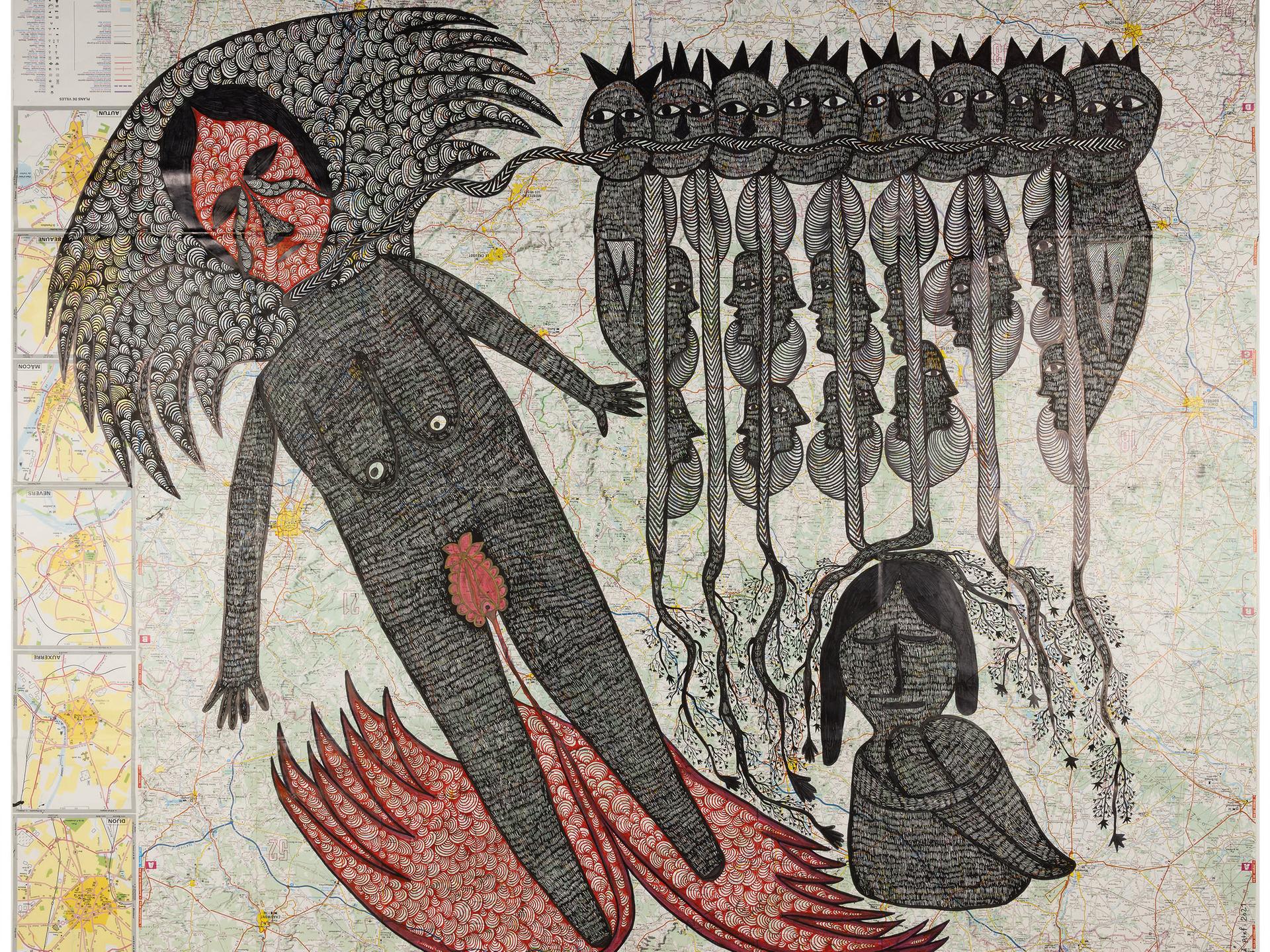 Werk des Künstlers Samaneh Atef. Das Bild trägt den Titel “No one saw my death”. Es ist von 2021 und hat die Maße  88,9 x 109,6 cm. Darauf abgebildet sind zwei Figuren und acht Köpfe.