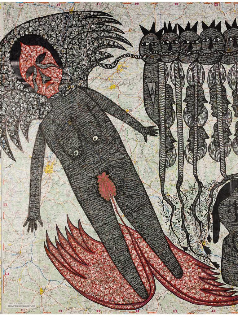 Werk des Künstlers Samaneh Atef. Das Bild trägt den Titel “No one saw my death”. Es ist von 2021 und hat die Maße  88,9 x 109,6 cm. Darauf abgebildet sind zwei Figuren und acht Köpfe.
