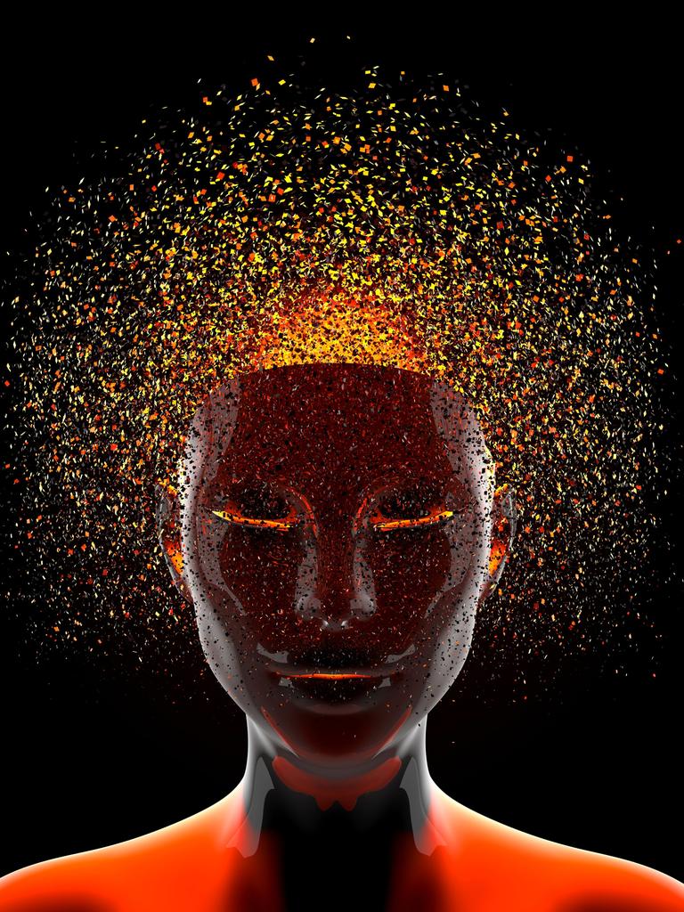 Die Illustration zeigt einen Kopf mit halbgeschlossenen Augen, um den herum sich viele bunte Punkte sammeln.