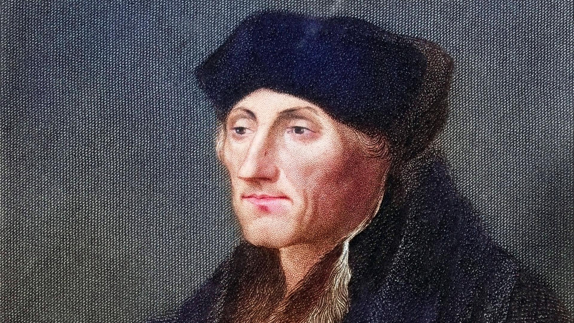 Eine digital restaurierte Reproduktion von einer Vorlage aus dem 19. Jahrhundert zeigt ein Porträt von Desiderius Erasmus von Rotterdam.