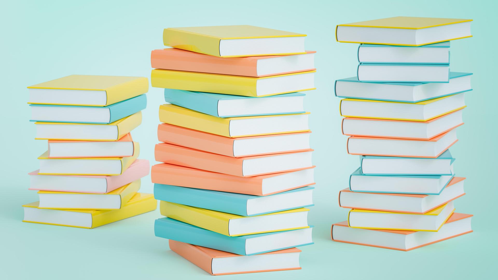 Die Illustration zeigt mehrere Bücherstapel nebeneinander in Pastellfarben