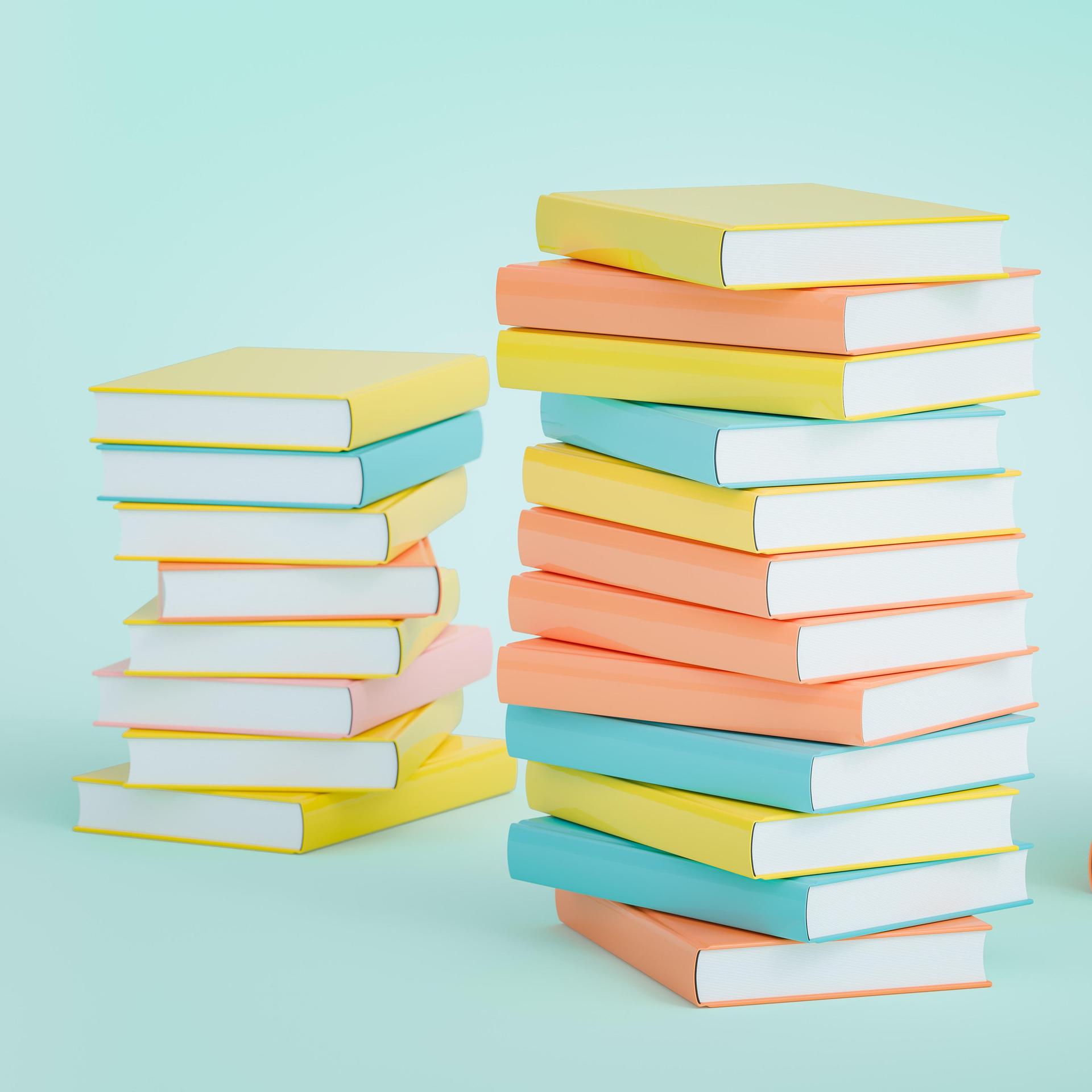 Die Illustration zeigt mehrere Bücherstapel nebeneinander in Pastellfarben