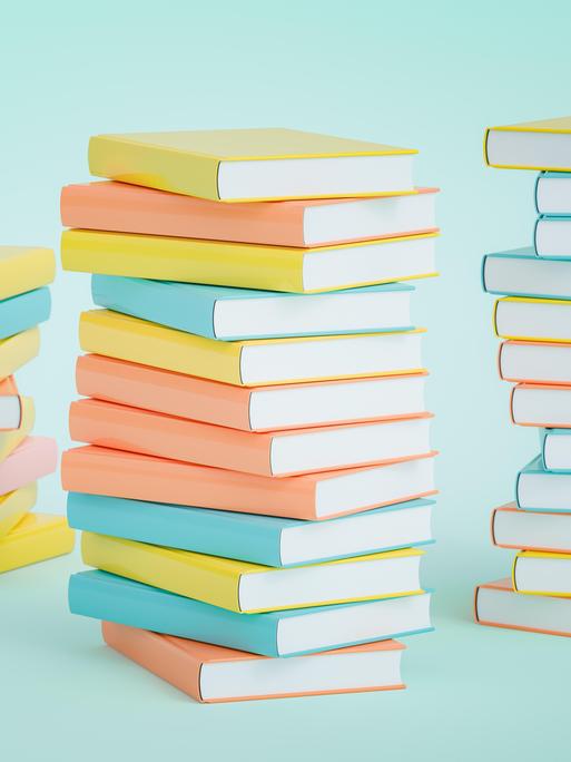 Die Illustration zeigt mehrere Bücherstapel nebeneinander in Pastellfarben
