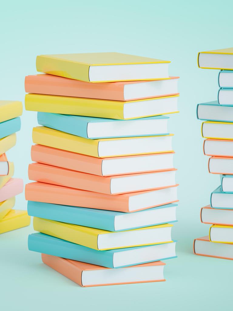 Die Illustration zeigt mehrere Bücherstapel nebeneinander in Pastellfarben
