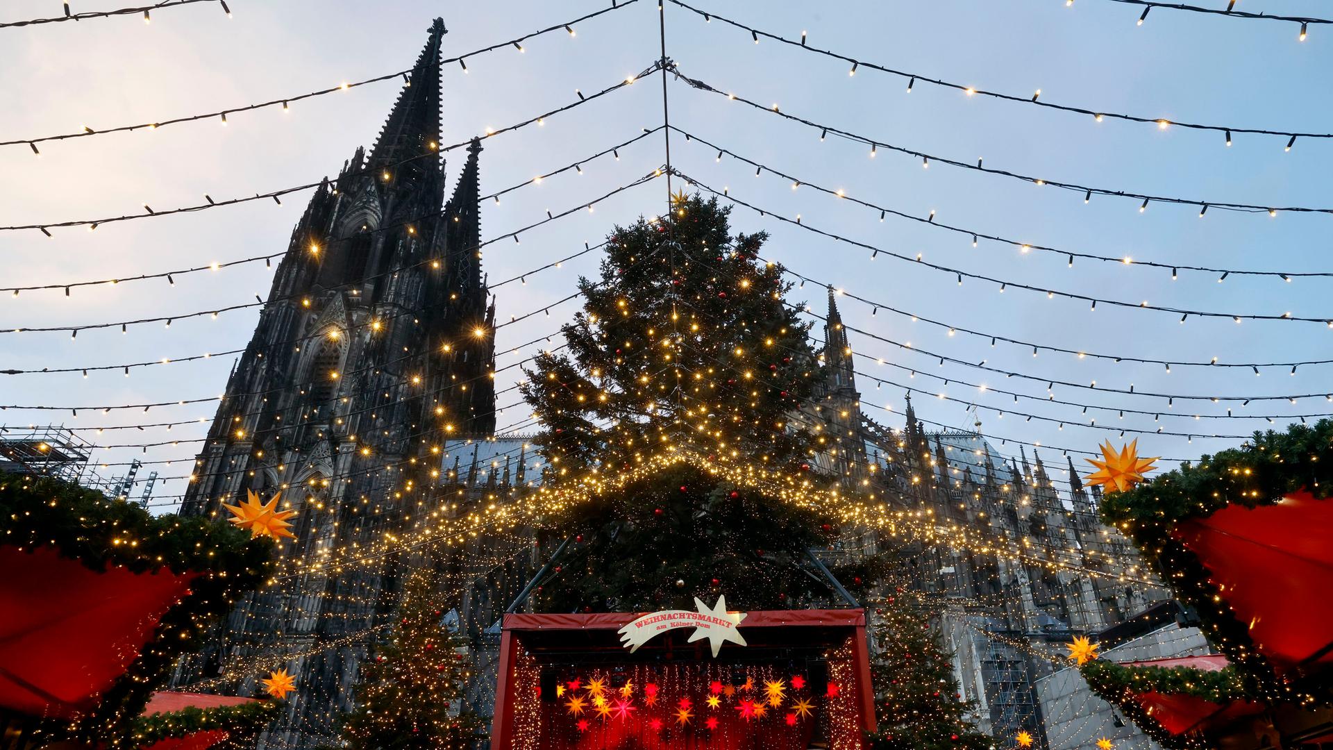 Impression vom Weihnachtsmarkt, der Kölner Dom, eine Bühne, ein großer beleuchteter Tannenbaum und Lichterketten über den Markt gespannt, sind zu sehen. Impression vom Weihnachtsmarkt, der Kölner Dom, eine Bühne, ein großer beleuchteter Tannenbaum und Lichterketten über den Markt gespannt, sind zu sehen.